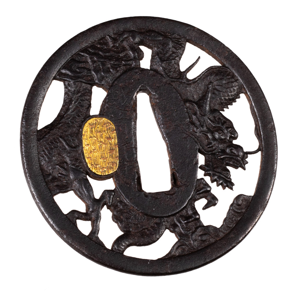 Iron Sukashi Tsuba Signed "Echizen Kinai" - Decorated With A Dragon ...