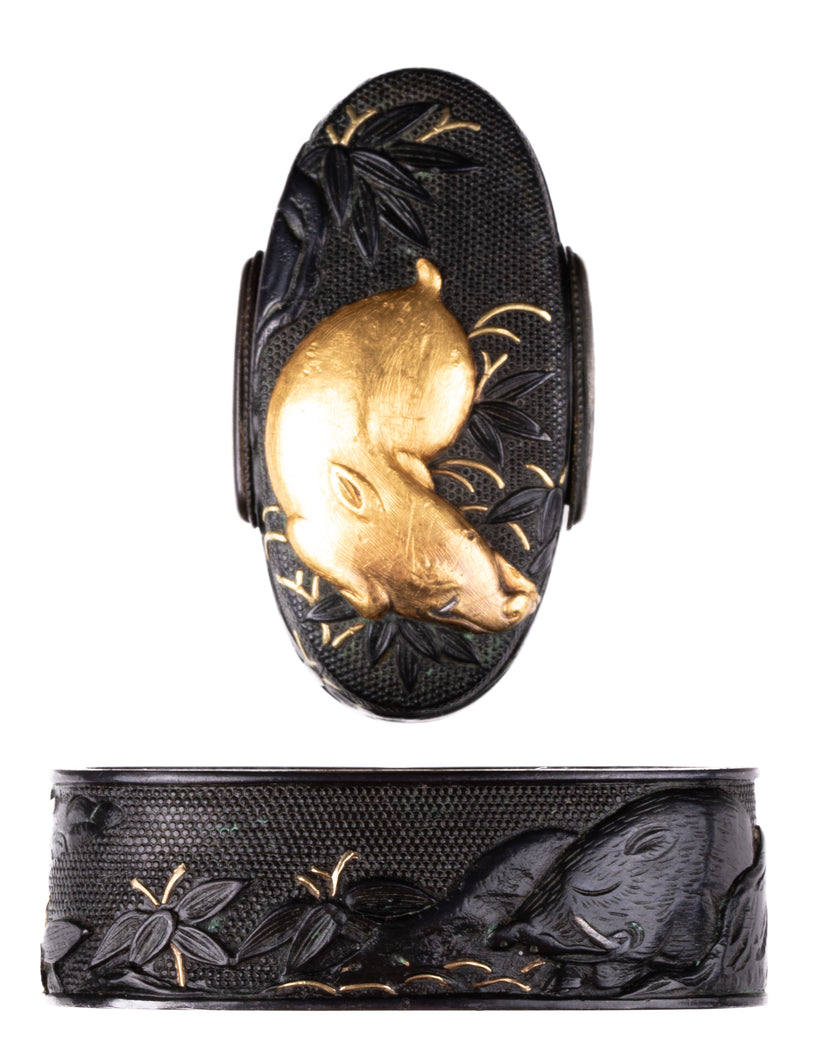 Shakudo Nanako Fuchikashira Decorated with Boars Under Crescent Moon