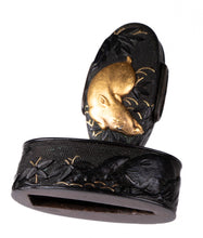 Shakudo Nanako Fuchikashira Decorated with Boars Under Crescent Moon