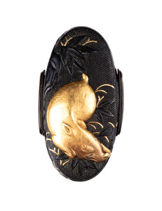 Shakudo Nanako Fuchikashira Decorated with Boars Under Crescent Moon