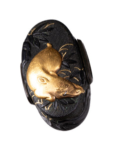 Shakudo Nanako Fuchikashira Decorated with Boars Under Crescent Moon