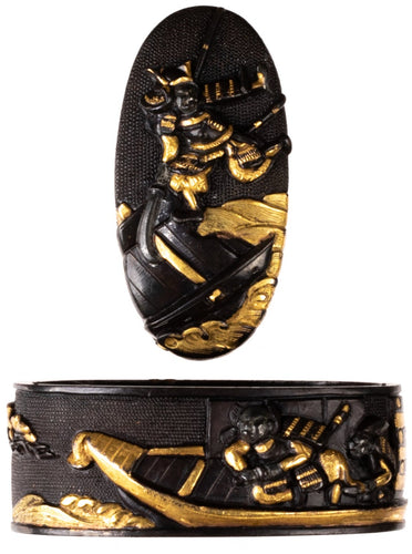 Shakudo Nanako Fuchikashira Decorated with Minamoto Yoshitsune Eight Boat Leap