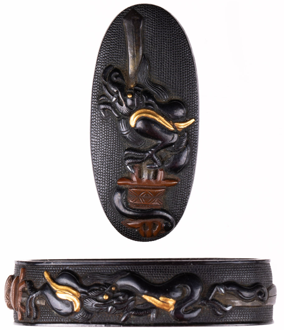 Shakudo Nanako Fuchikashira Decorated with Kurikara - Dragon and Sword