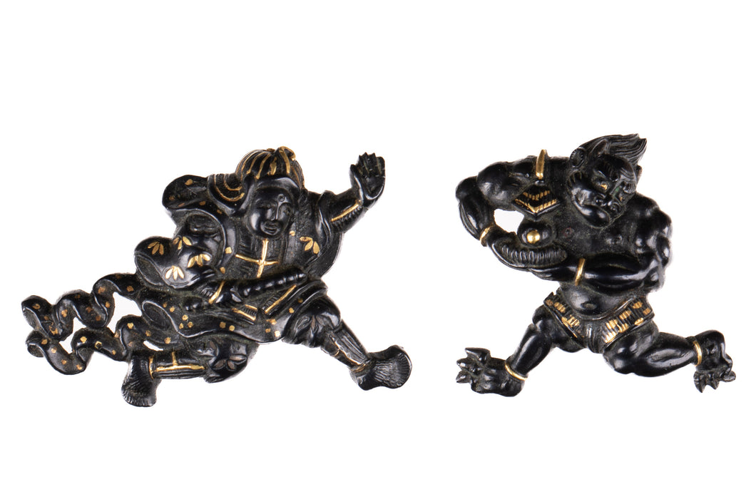 Shakudo Menuki Attributed to Ko-Kinko Tradition with NBTHK Hozon Tosogu - Idaten and Demon