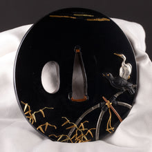 Polished Shakudo Tsuba Signed "Iwamoto Munenaga" with NBTHK Tokubetsu Hozon Tosogu - Crows and Heron
