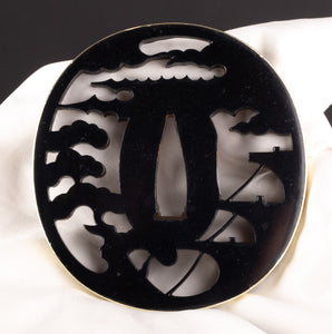 Shakudo Sukashi Bushu School Tsuba Decorated with Marine Landscape