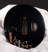 Polished Shakudo Tsuba Signed "Iwamoto Munenaga" with NBTHK Tokubetsu Hozon Tosogu - Crows and Heron