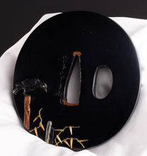Polished Shakudo Tsuba Signed "Iwamoto Munenaga" with NBTHK Tokubetsu Hozon Tosogu - Crows and Heron