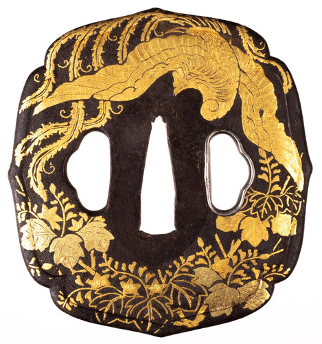 Iron Edo Higo School Tsuba Decorated with Phoenix and Paulownia