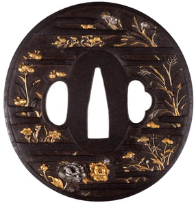 Iron Tsuba Decorated with Flowers - Egawa School