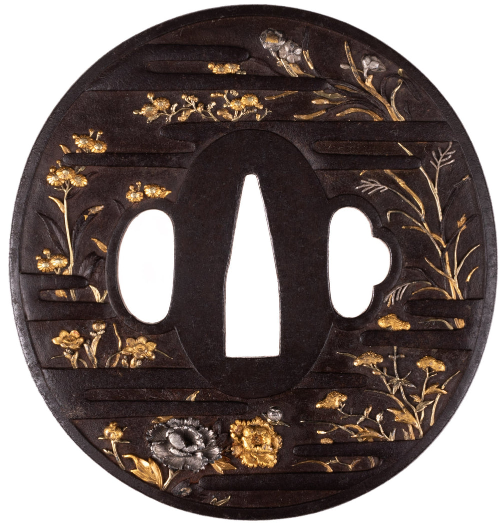 Iron Tsuba Decorated with Flowers - Egawa School