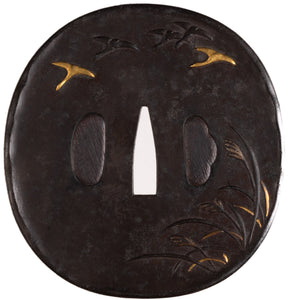 Iron Tsuba Signed "Issei" (Watanabe) with NBTHK Hozon Tosogu - Wild Geese and Moonlight