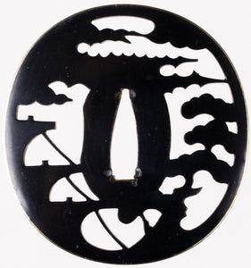 Shakudo Sukashi Bushu School Tsuba Decorated with Marine Landscape