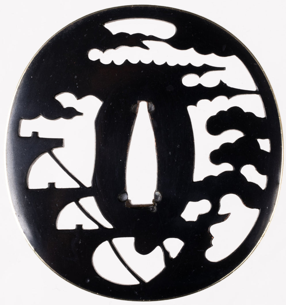 Shakudo Sukashi Bushu School Tsuba Decorated with Marine Landscape