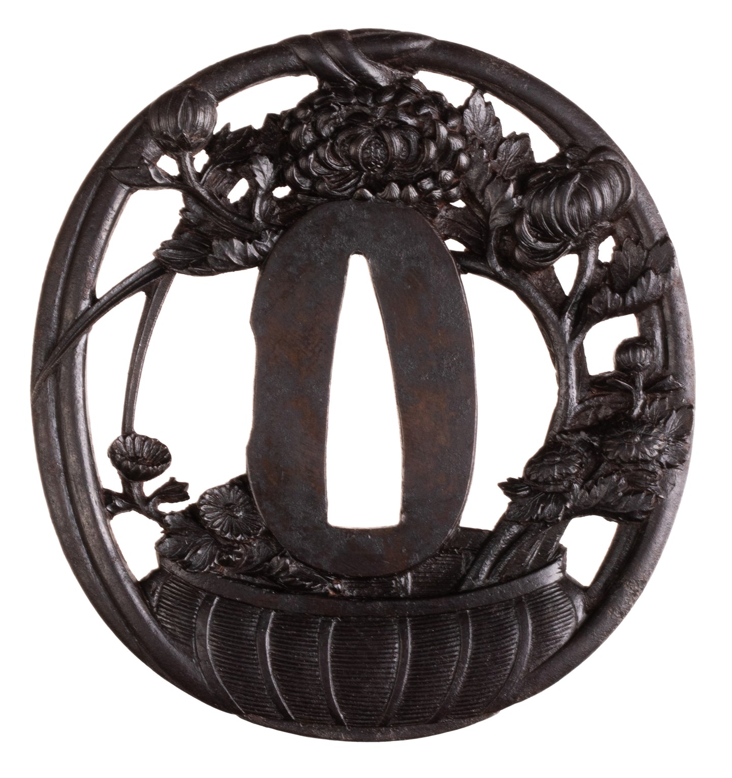 Iron Sukashi Choshu School Tsuba Decorated with Flower Arrangement