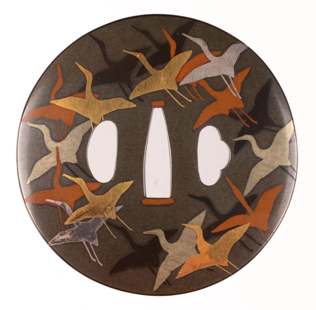 Shibuichi Tsuba Decorated with 1000 Paper Cranes Theme