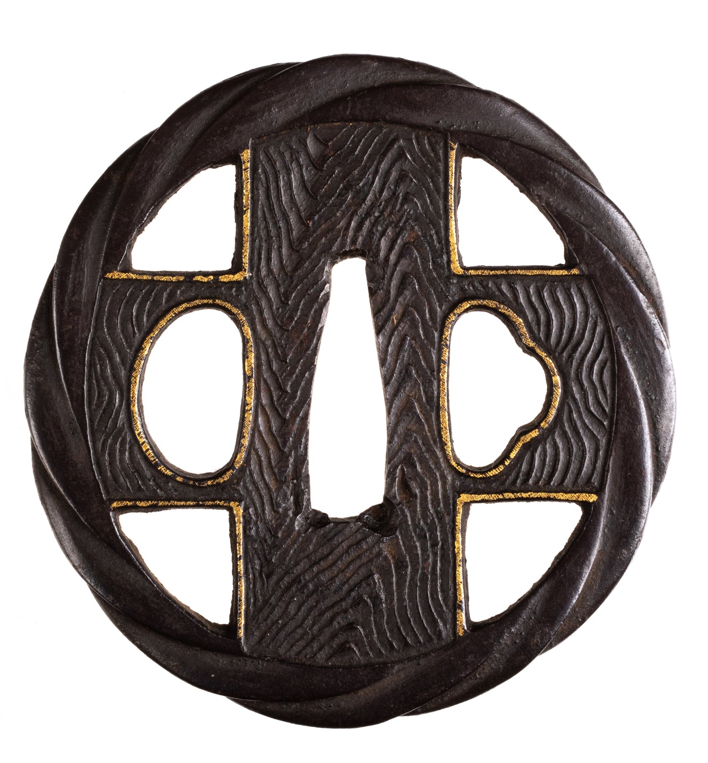 Iron Sukashi Satsuma Tsuba with NBTHK Hozon Tosogu - Cross and Wood Grain Pattern