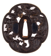 Iron Sukashi Dragon Tsuba with Gold Rim - Great for Mounting 86 x 80 mm