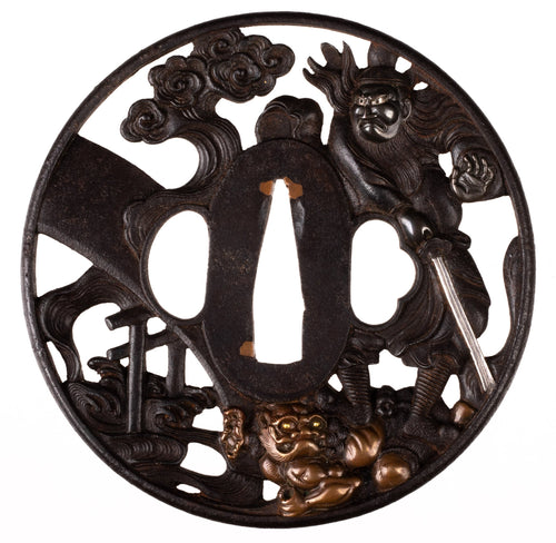 Iron Sukashi Tsuba Decorated with Shoki and Oni