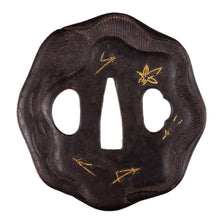 Iron Tsuba Decorated With Mushroom, Pine Needles and Maple Leafs