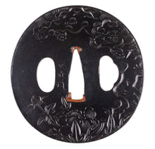 Shakudo Tsuba Signed "Shigeyoshi" - Decorated with Shishi and Peony