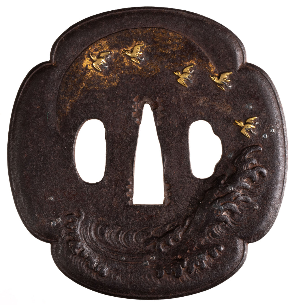 Iron Tanaka Toryusai School Tsuba with NBTHK Hozon Tosogu - Decorated with Plovers and Waves