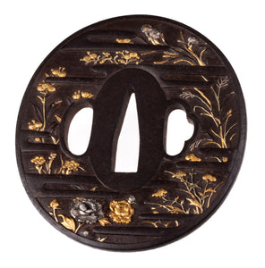 Iron Tsuba Decorated with Flowers - Egawa School