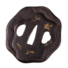 Iron Tsuba Decorated With Mushroom, Pine Needles and Maple Leafs