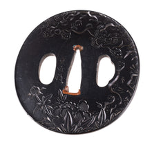 Shakudo Tsuba Signed "Shigeyoshi" - Decorated with Shishi and Peony