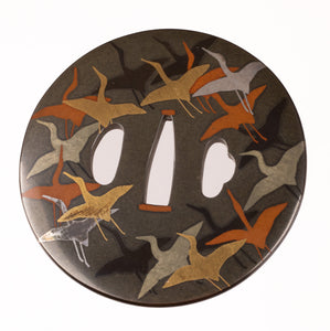 Shibuichi Tsuba Decorated with 1000 Paper Cranes Theme