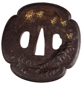 Iron Tanaka Toryusai School Tsuba with NBTHK Hozon Tosogu - Decorated with Plovers and Waves