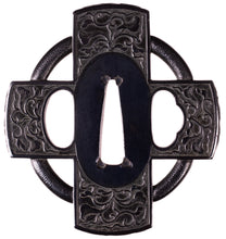 Shakudo Hirado School Tsuba with NBTHK Hozon Tosogu - Cross and Karakusa