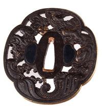 Iron Sukashi Dragon Tsuba with Gold Rim - Great for Mounting 86 x 80 mm