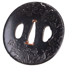 Shakudo Tsuba Signed "Shigeyoshi" - Decorated with Shishi and Peony