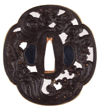 Iron Sukashi Dragon Tsuba with Gold Rim - Great for Mounting 86 x 80 mm