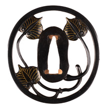 Polished Shakudo Sukashi Tsuba by Akita Shoami School - Aoi Leafs