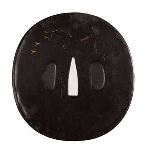 Iron Tsuba Signed "Issei" (Watanabe) with NBTHK Hozon Tosogu - Wild Geese and Moonlight