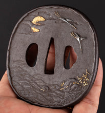 Iron Tsuba Decorated with Wild Geese At Sunset