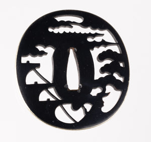 Shakudo Sukashi Bushu School Tsuba Decorated with Marine Landscape