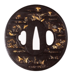 Iron Tsuba Decorated with Flowers - Egawa School