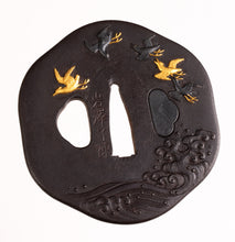 Iron Tsuba Signed "Iwasawa Ryochin" decorated with Waves and Birds