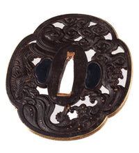 Iron Sukashi Dragon Tsuba with Gold Rim - Great for Mounting 86 x 80 mm