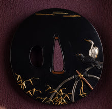 Polished Shakudo Tsuba Signed "Iwamoto Munenaga" with NBTHK Tokubetsu Hozon Tosogu - Crows and Heron