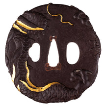 Iron Tsuba Decorated with Dragon and Waves