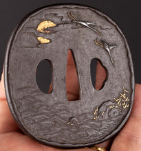 Iron Tsuba Decorated with Wild Geese At Sunset