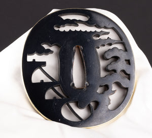 Shakudo Sukashi Bushu School Tsuba Decorated with Marine Landscape