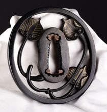 Polished Shakudo Sukashi Tsuba by Akita Shoami School - Aoi Leafs