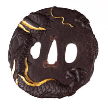 Iron Tsuba Decorated with Dragon and Waves