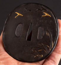 Iron Tsuba Signed "Issei" (Watanabe) with NBTHK Hozon Tosogu - Wild Geese and Moonlight