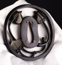 Polished Shakudo Sukashi Tsuba by Akita Shoami School - Aoi Leafs